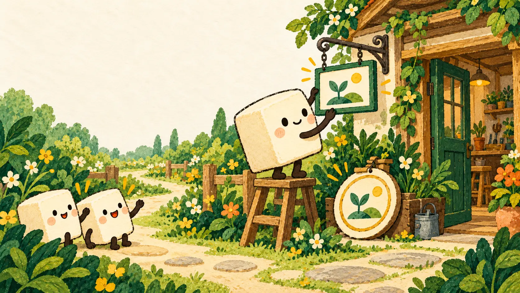 A tofu shopkeeper changes a shop sign while two customers recognize the familiar sprout symbol.
