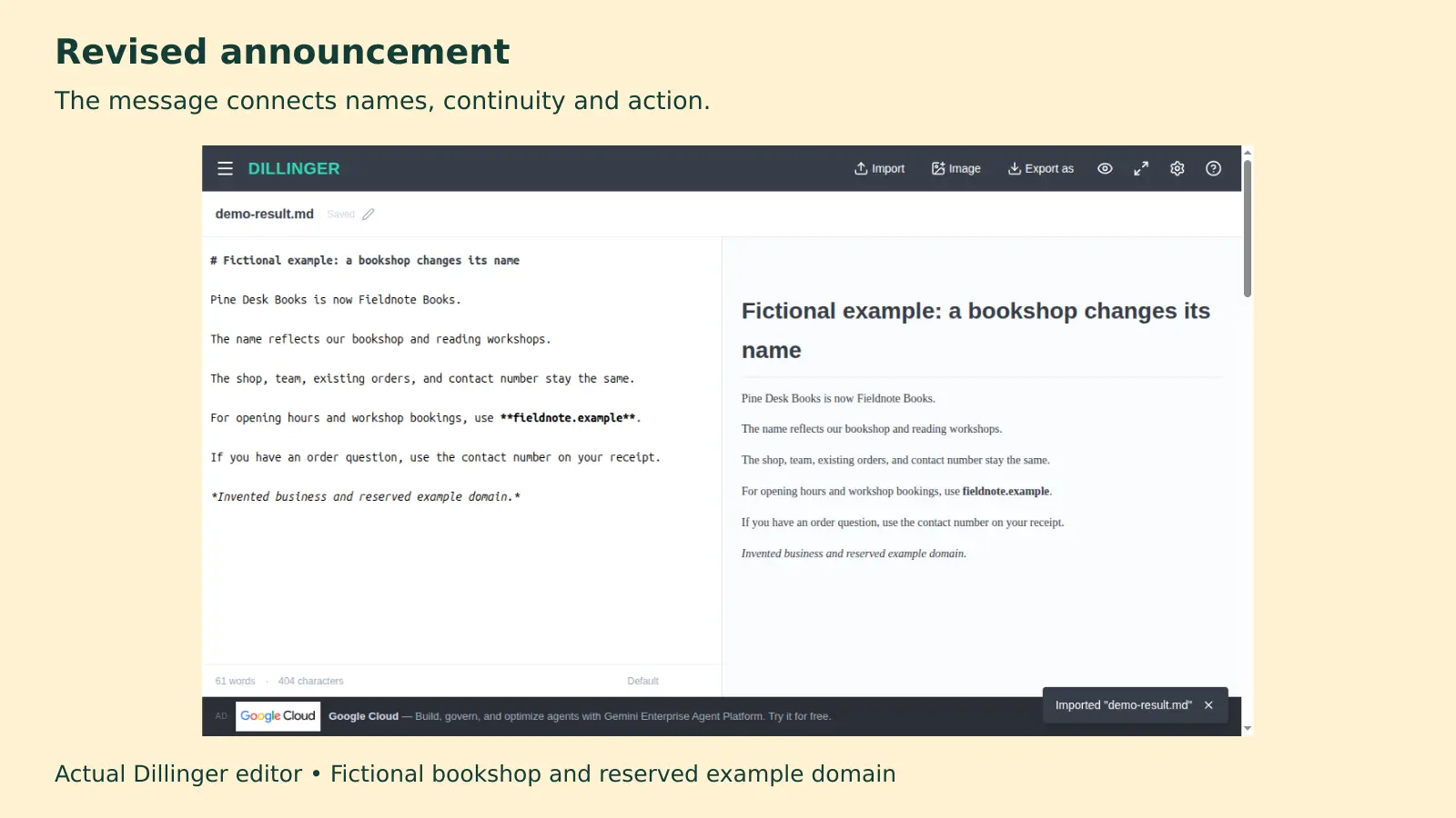 The revised fictional announcement names the reason, continuity, and customer action