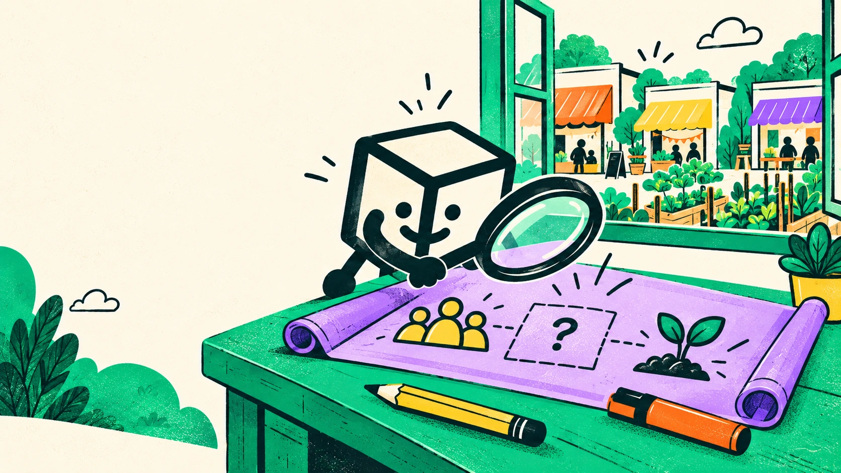 A tofu planner examines a purple social plan with a magnifying glass beside a community garden.