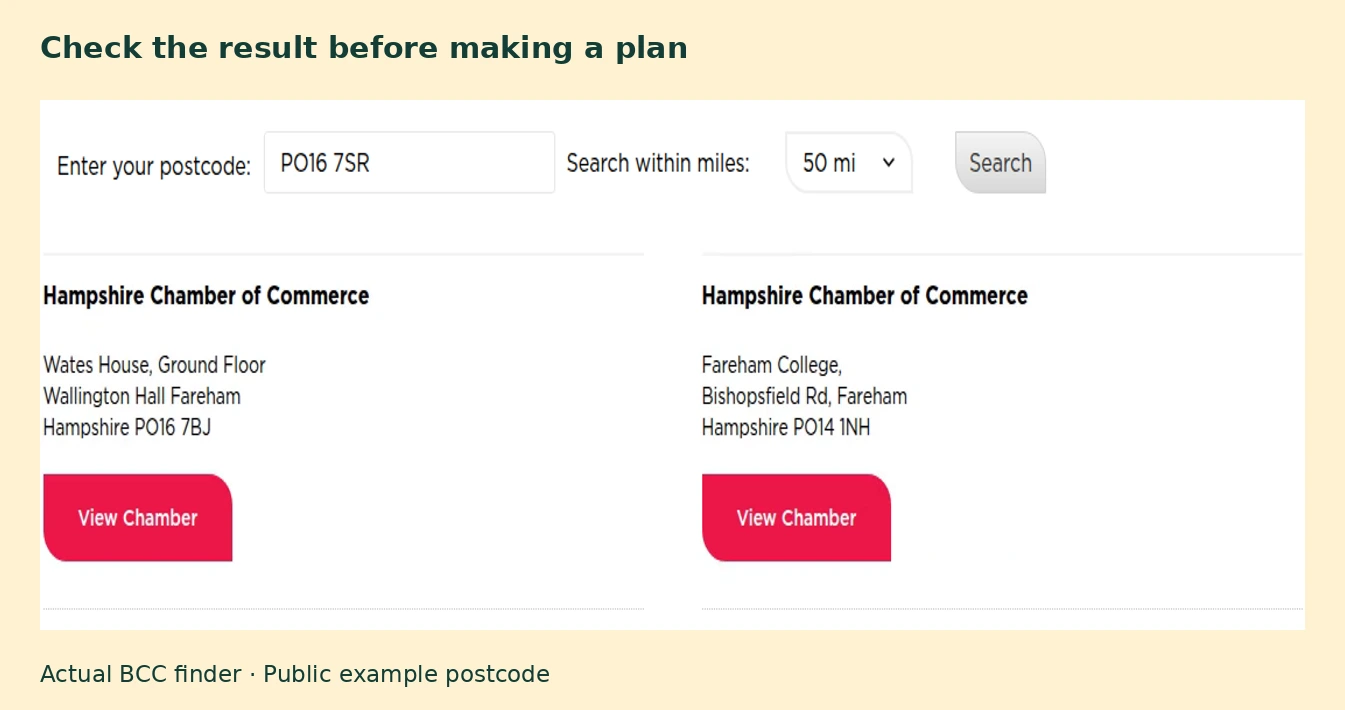 The British Chambers of Commerce postcode search showing Hampshire Chamber results