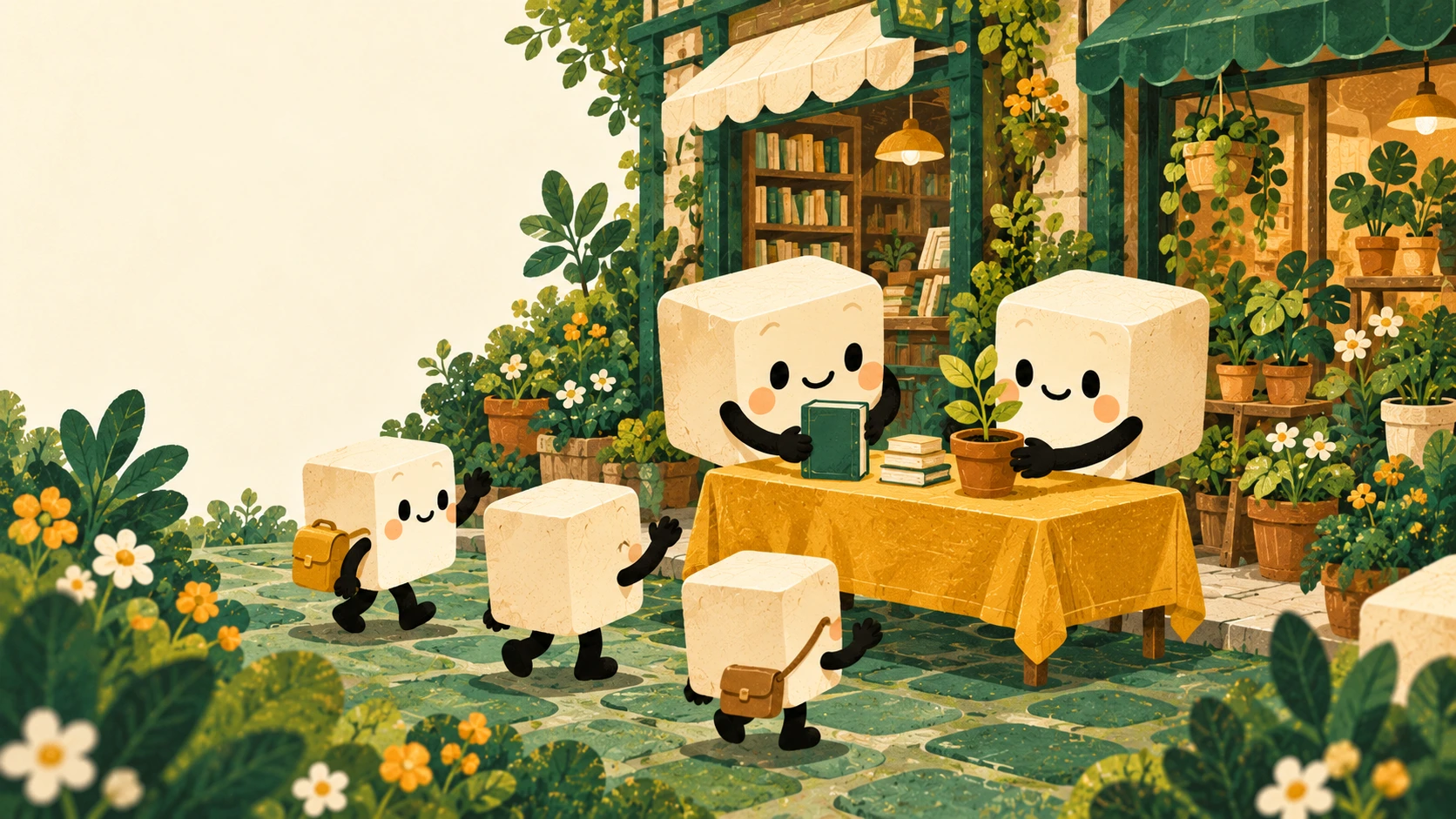 Two tofu shopkeepers arrange books and a seedling on a yellow workshop table while neighbors approach between a bookshop and a plant shop