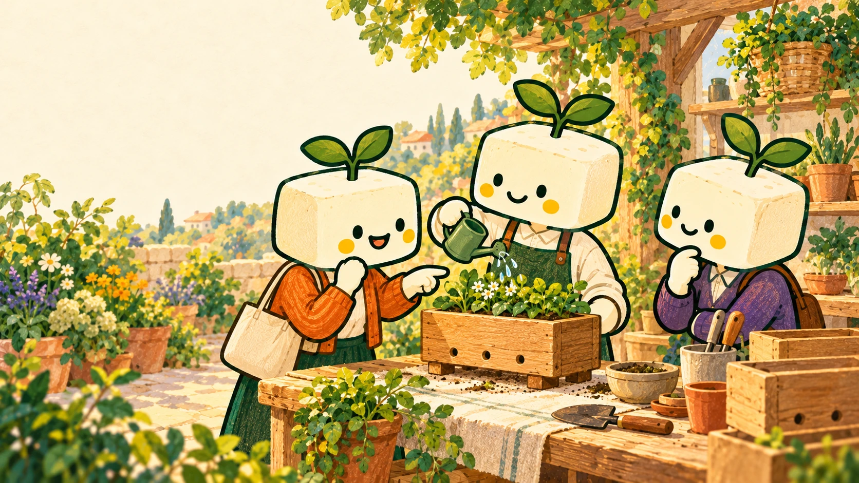 A sprout-topped tofu founder demonstrates a wooden planter to two shop owners in a sunlit workshop