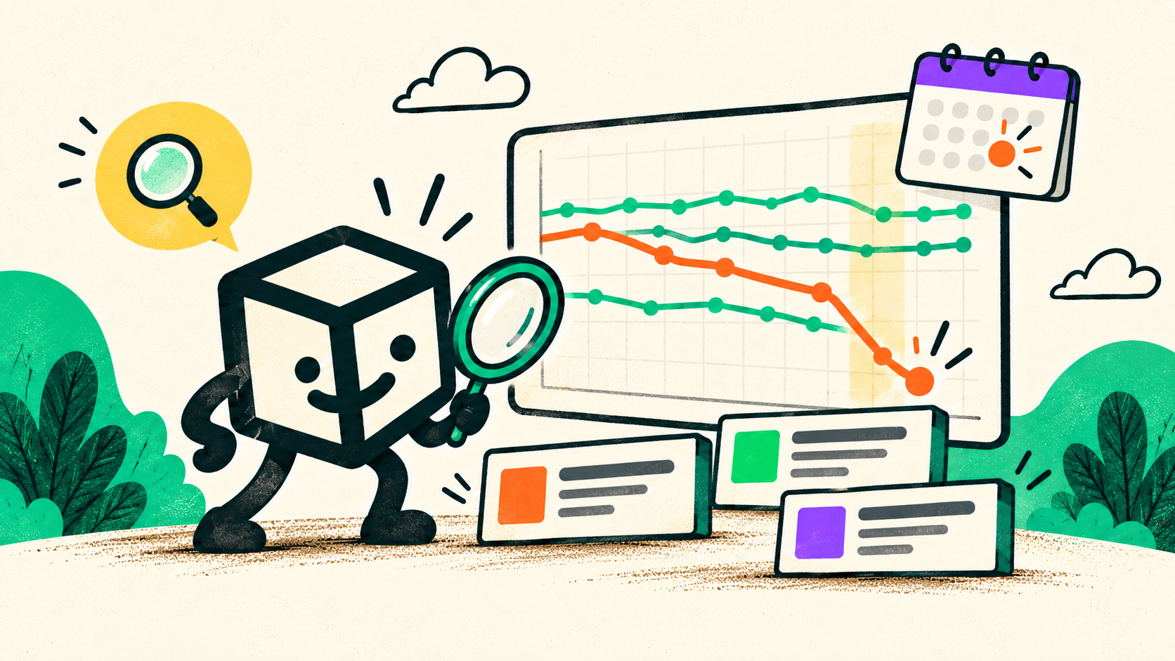 A tofu character investigates one falling search query while other lines stay steady