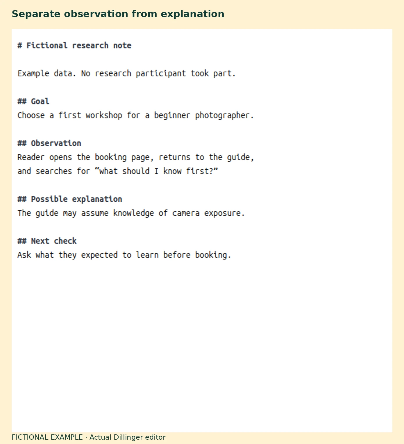 A fictional research note in the real Dillinger editor separates the goal, observation, possible explanation, and next check
