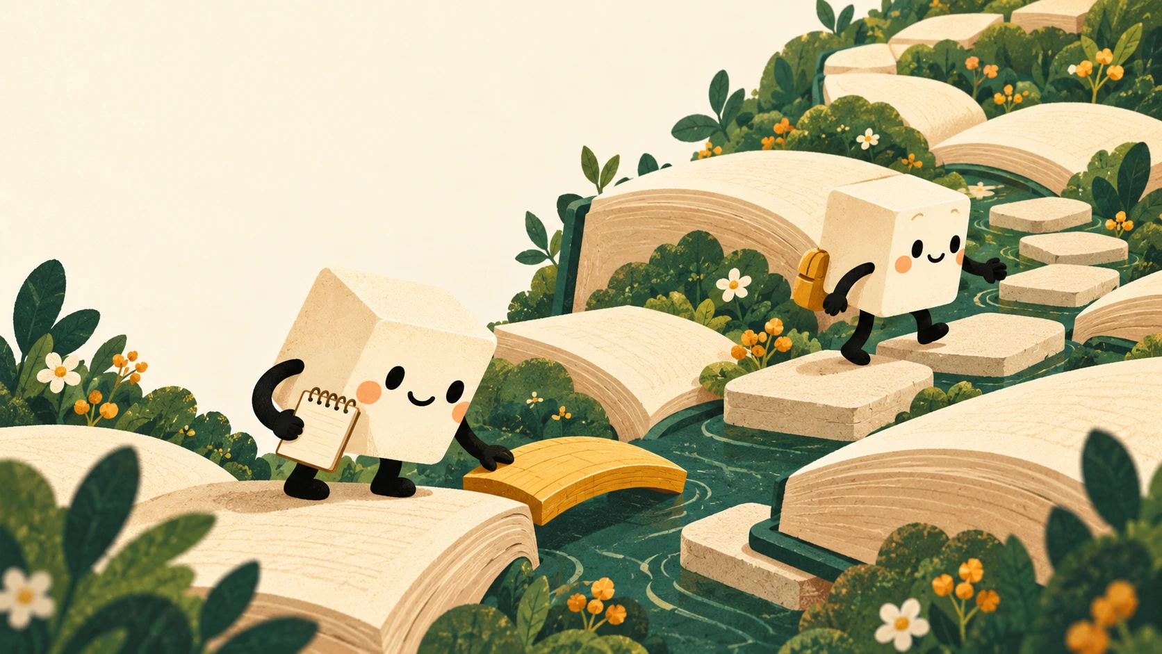 A tofu researcher builds a yellow bridge across a missing step in a garden path of books while a reader explores the route