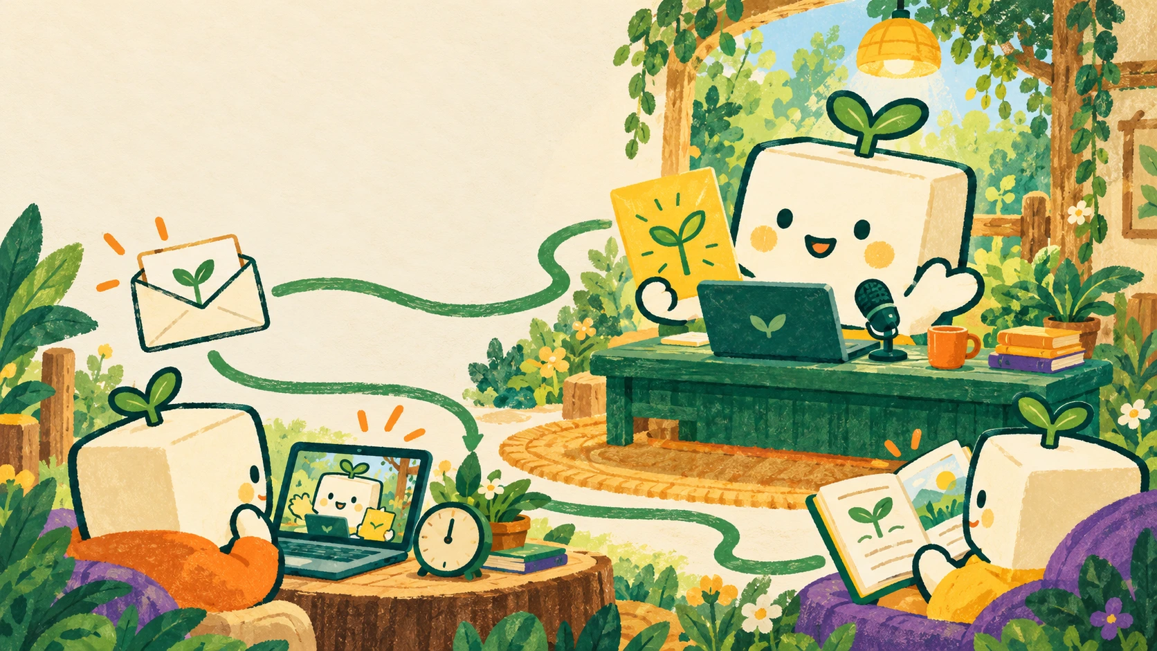 BrandTofu characters follow a leafy path from a webinar invitation to a teacher and learners using laptops.
