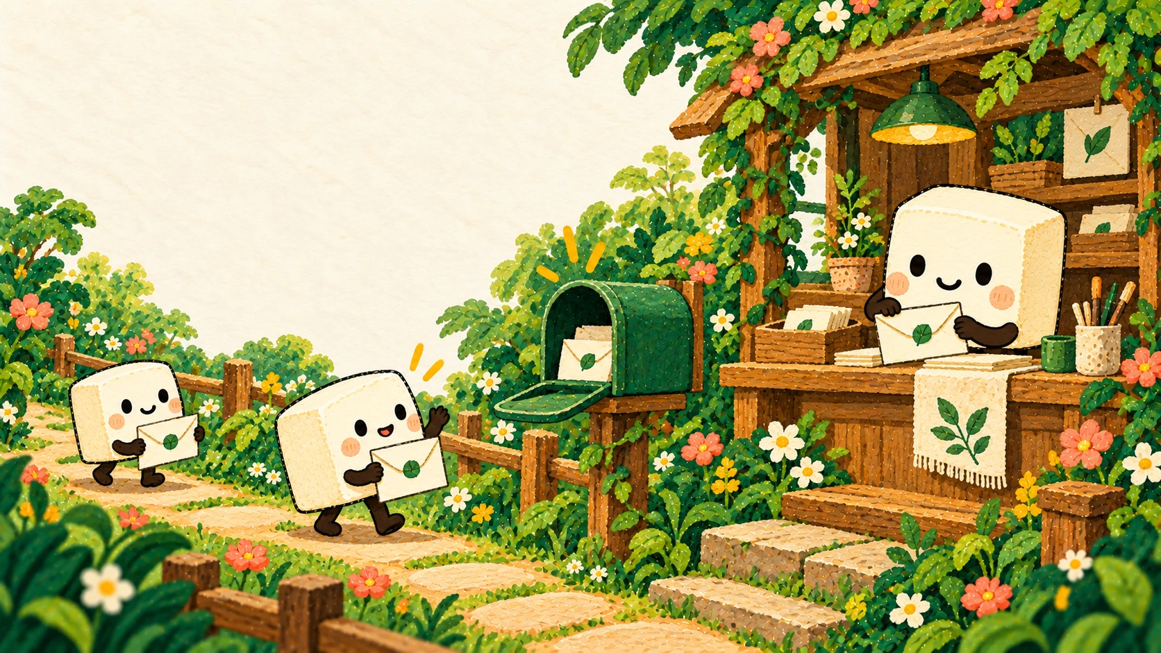 A tofu publisher prepares an envelope while two tofu visitors follow a garden path toward a mailbox.