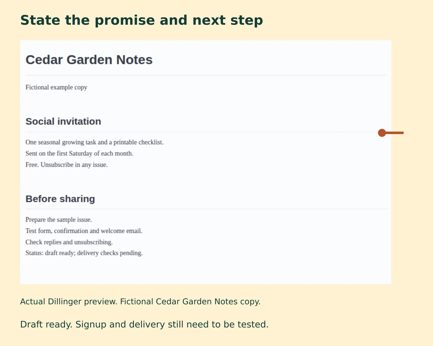 An actual browser editor showing the revised fictional invitation and the checks still to perform