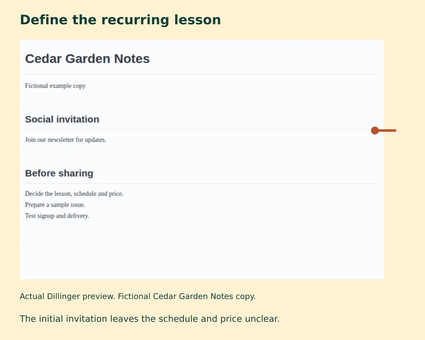 An actual browser editor showing the fictional newsletter's initial vague invitation