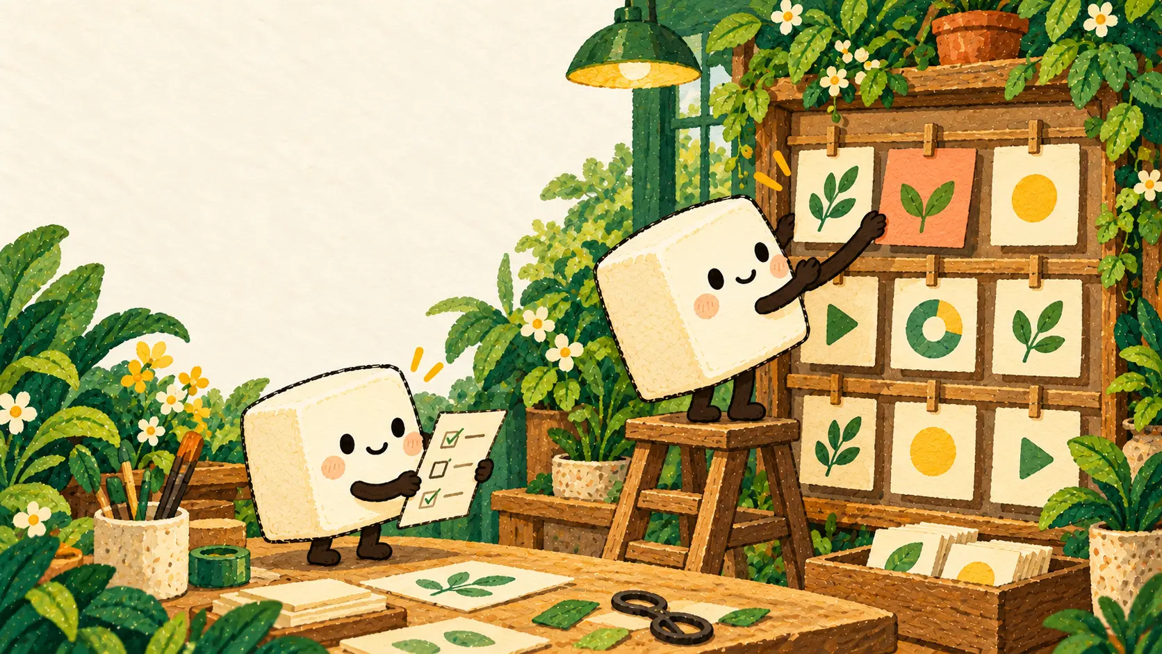 A tofu editor replaces one learning card while an assistant checks the content register.