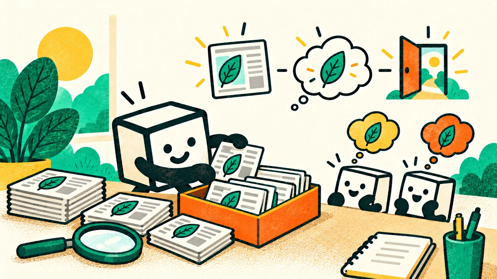 A friendly tofu researcher sorts newspaper stories while two audience characters remember a leaf message, with coverage, memory and action symbols above