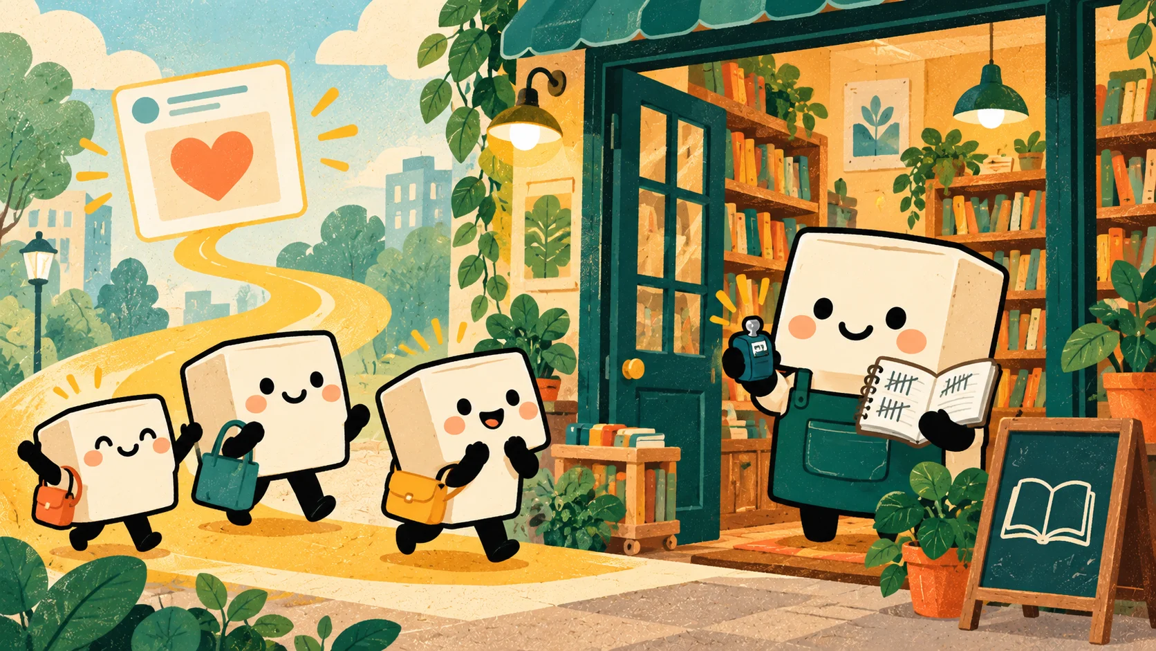 A smiling tofu bookshop owner counts arriving customers with a clicker and a notebook beside a path from a social message card