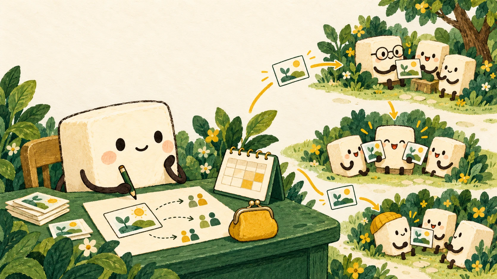 A tofu marketer plans a small campaign at a green desk while postcards reach groups of tofu viewers in a garden