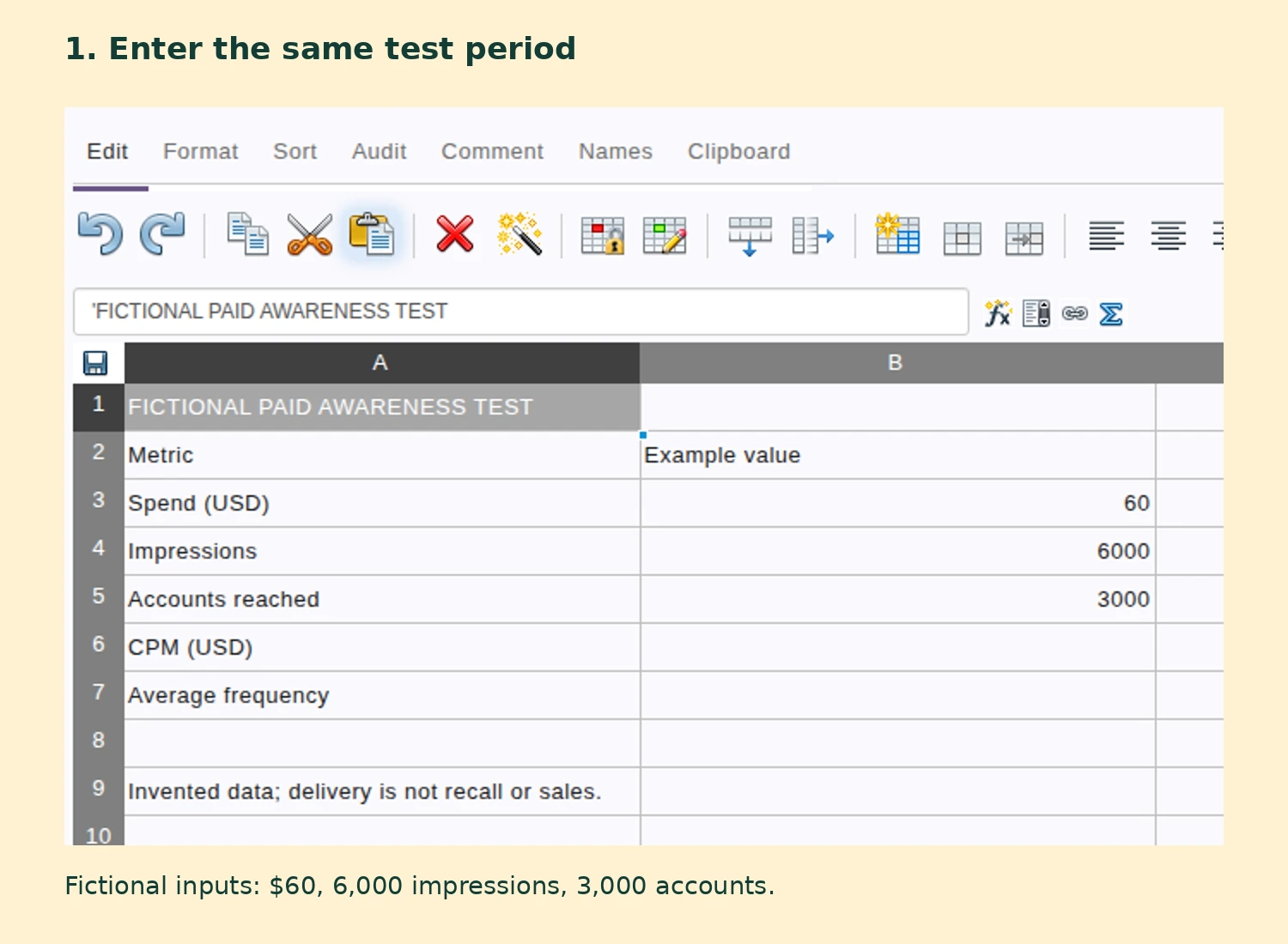 An actual EtherCalc worksheet contains clearly labeled fictional spend, impressions, and reach