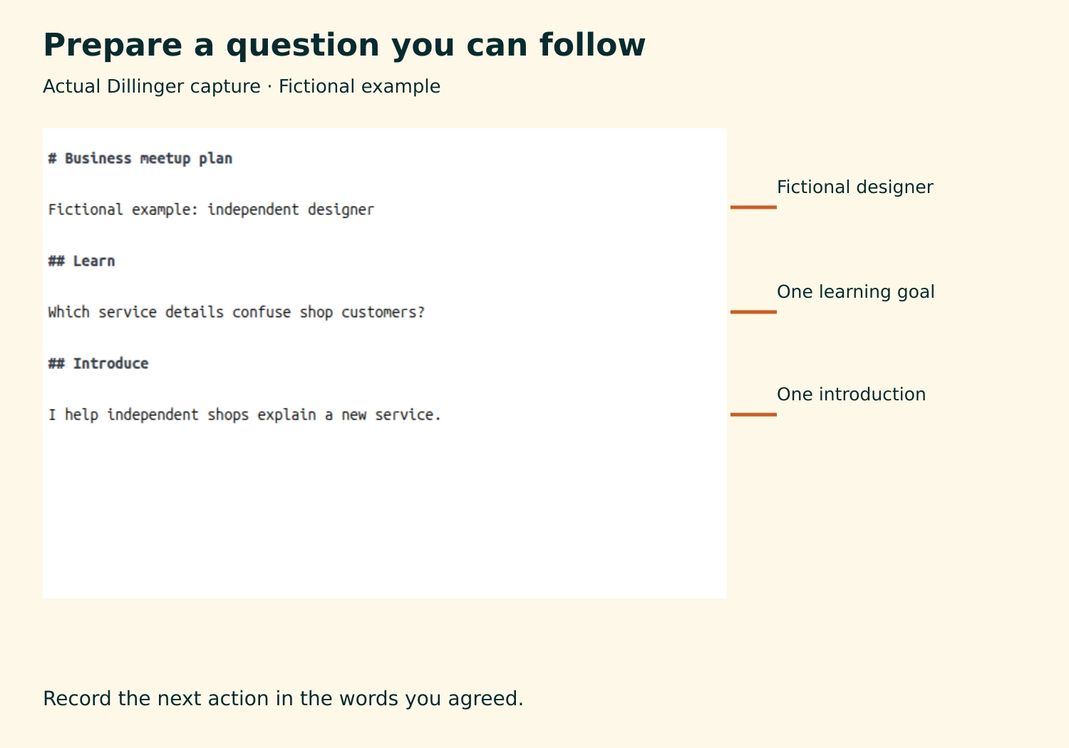 A real editor showing a fictional event plan with a learning question and a short introduction