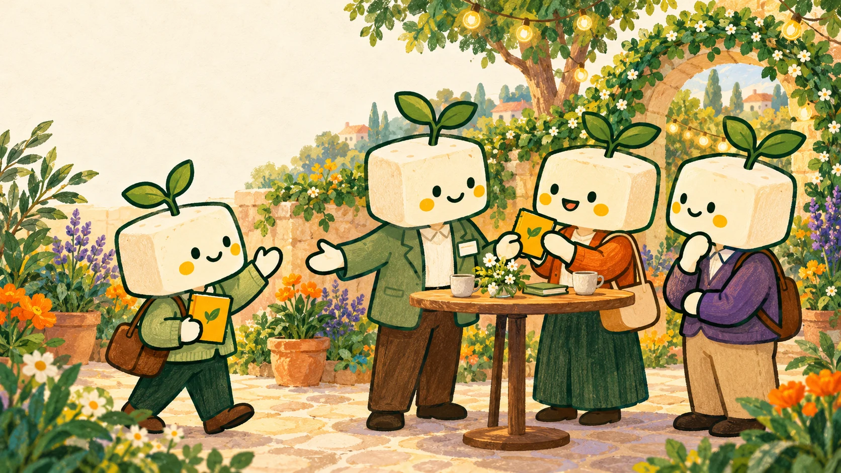 Tofu founders welcome a newcomer with a notebook to a garden business meetup.