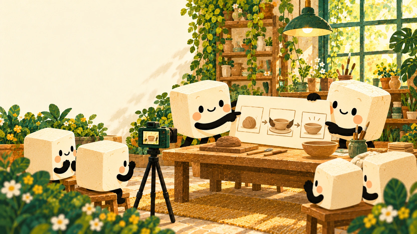 Two tofu creators present a pottery storyboard beside a camera while small groups of tofu viewers watch