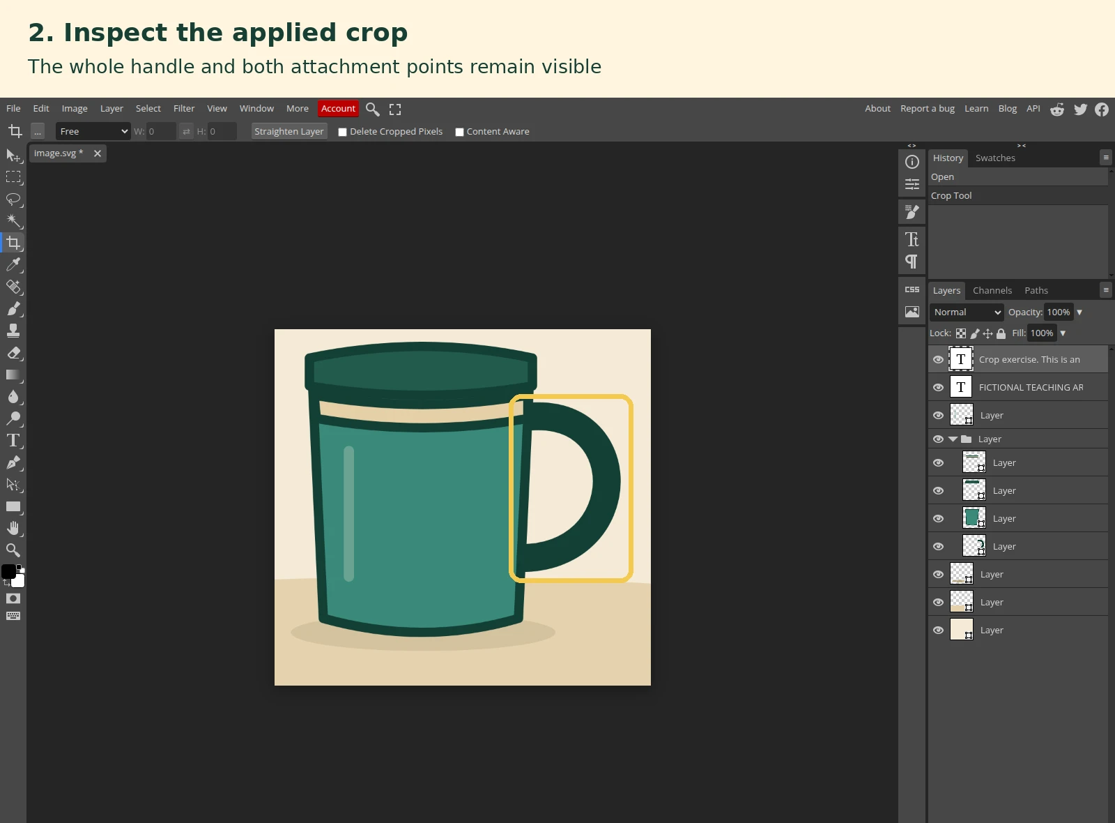Photopea showing the cropped fictional mug with the whole handle visible