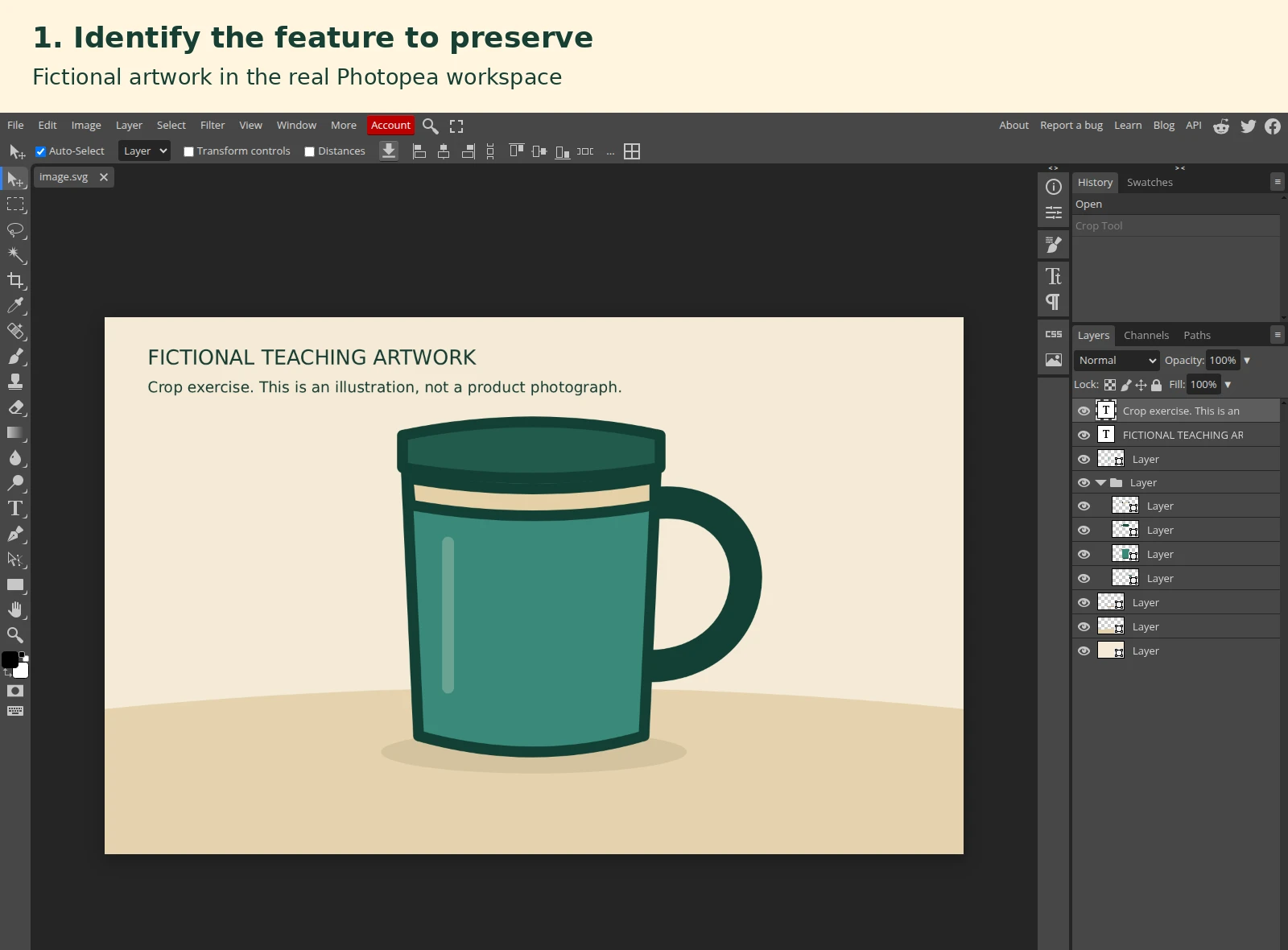 A fictional mug illustration open in Photopea before the crop