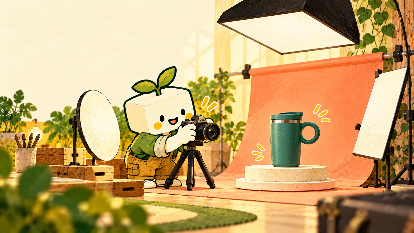 A sprout-headed tofu photographer frames a teal mug in a coral studio set