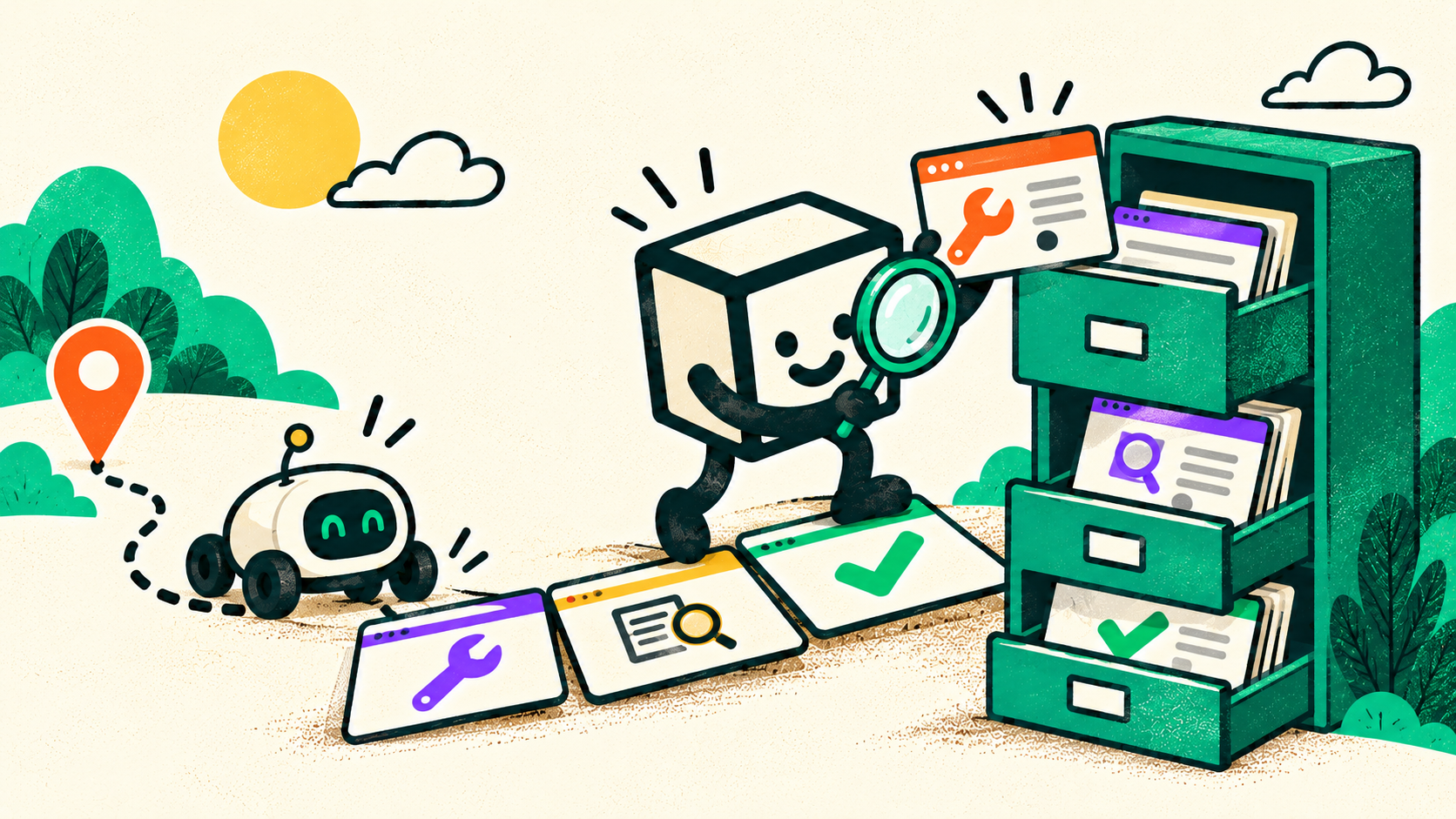 A tofu character follows a path of service-page cards with a friendly crawler and a green filing cabinet