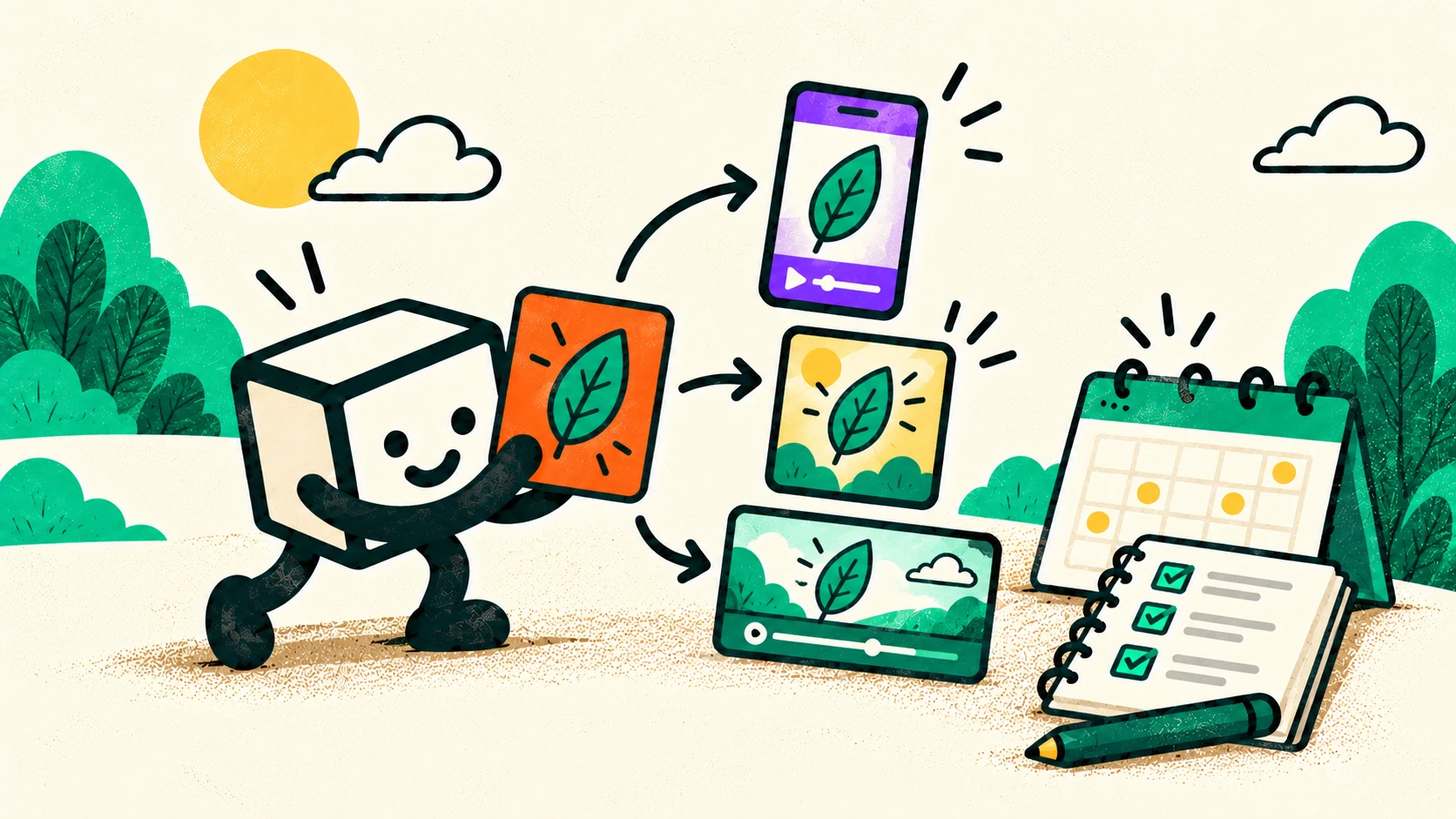 A cheerful tofu mascot turns one leaf idea into three content formats beside a calendar and a checked notebook
