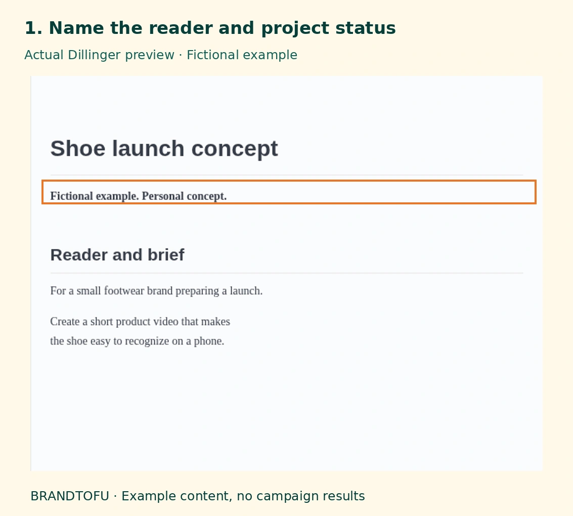Annotated screenshot of a fictional footwear project brief in the Dillinger editor