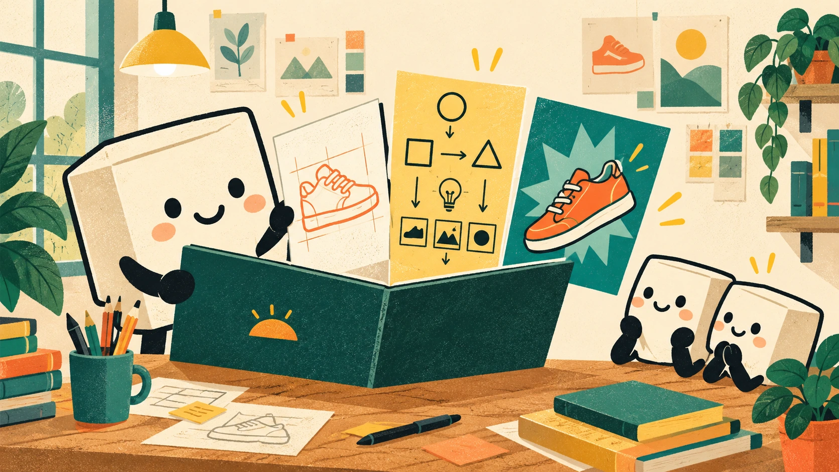 A cheerful tofu creative opens a portfolio containing a shoe sketch, a storyboard, and a finished illustration while two audience characters study the work